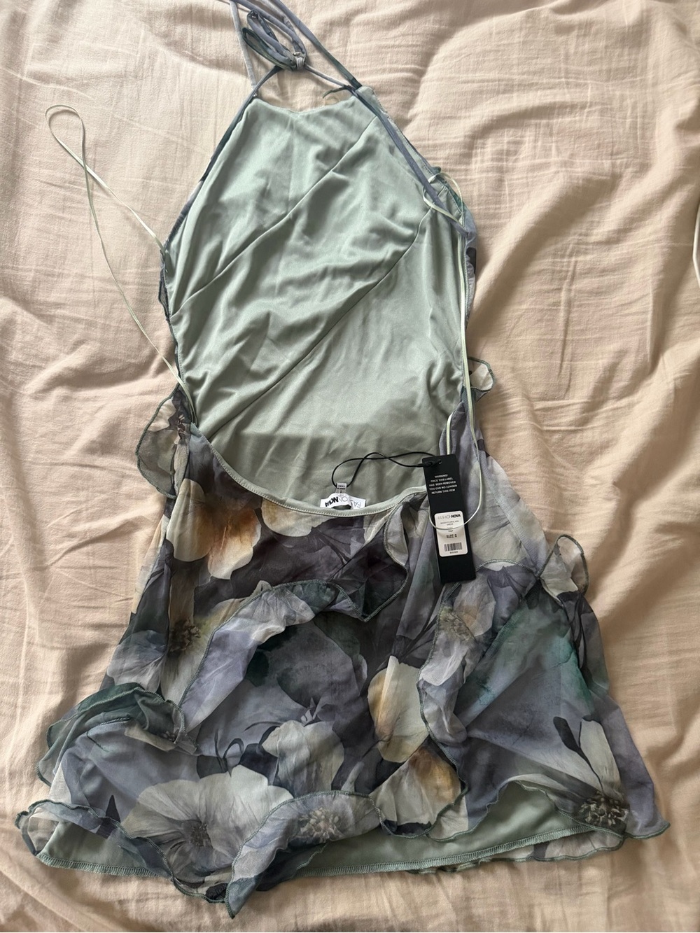 Fashion Nova Sage Blue Floral Ruffle Halter Mini Dress - Picture 4 of 4